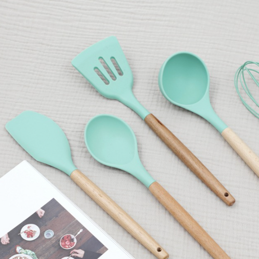 |VANESSDECO| Silicone Wood Multi-Cooking Tools 5P Set (Mint)