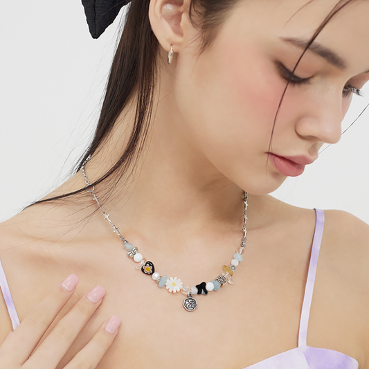 |VVV| Angel Flower Mix Beads Cross Chain Necklace