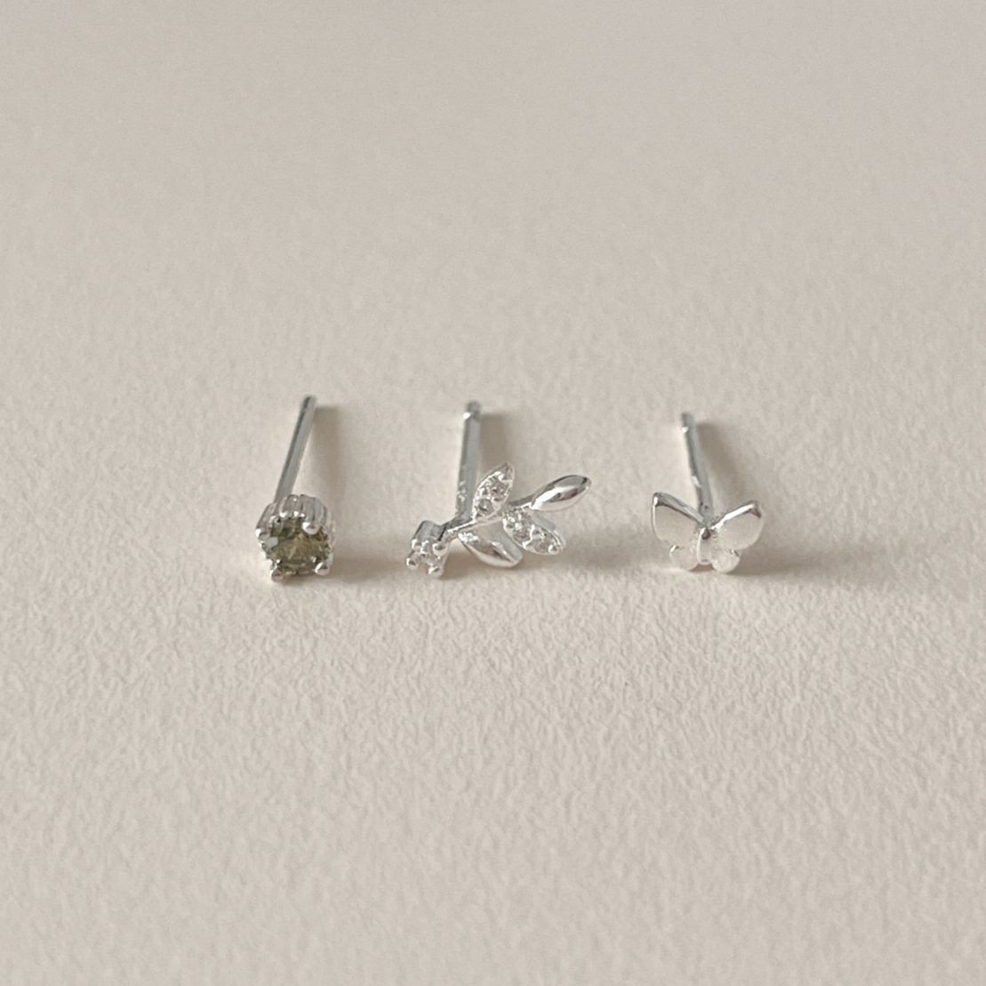 |aube n berry| 925Silver Olive Butterfly Flower Silver Earring Set
