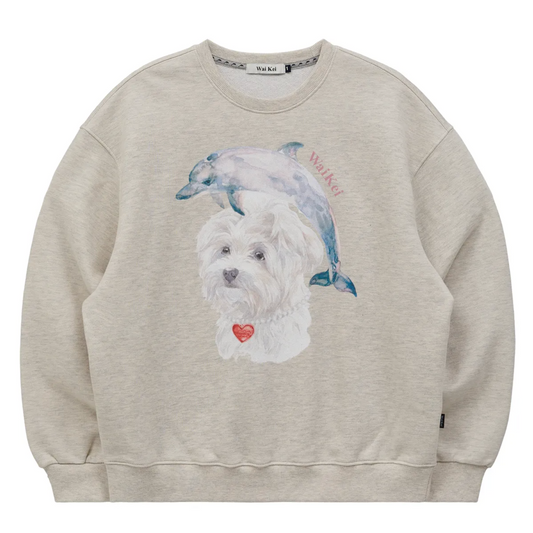 |Wai Kei| Water Color Puppy Dolphin Jumping Sweatshirt Oatmeal