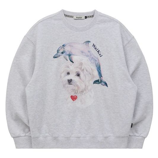 |Wai Kei| Water Color Puppy Dolphin Jumping Sweatshirt Melange White