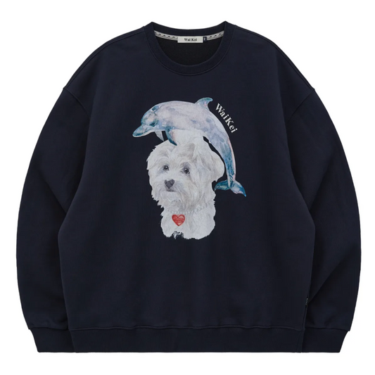 |Wai Kei| Water Color Puppy Dolphin Jumping Sweatshirt Navy