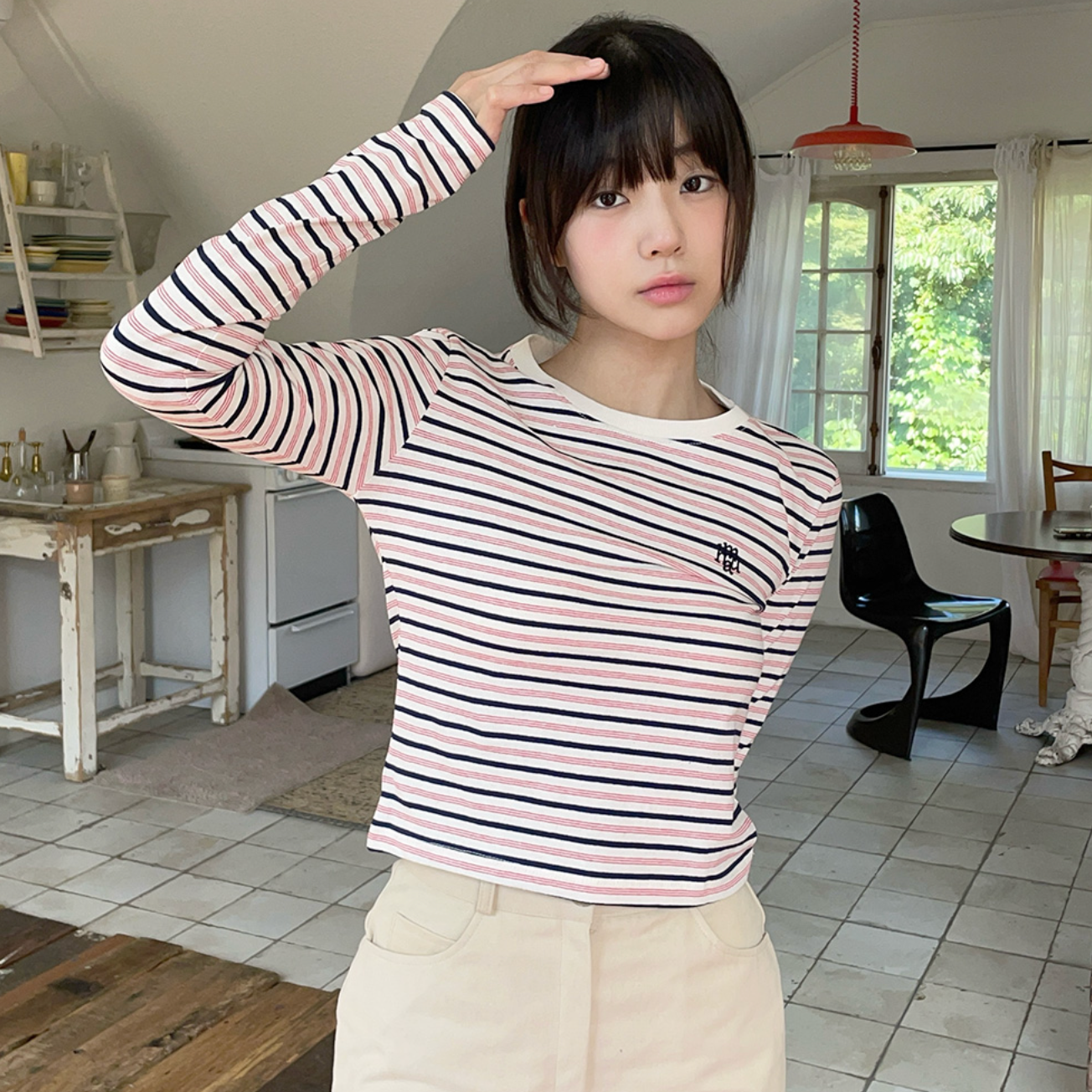 |muahmuah| Logo Stripe Crop Long Sleeve Tee |Navy|