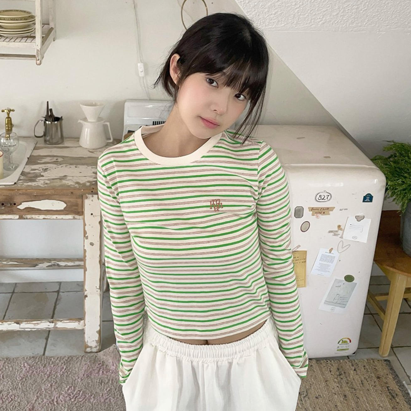 |muahmuah| Logo Stripe Crop Long Sleeve Tee |Lime|