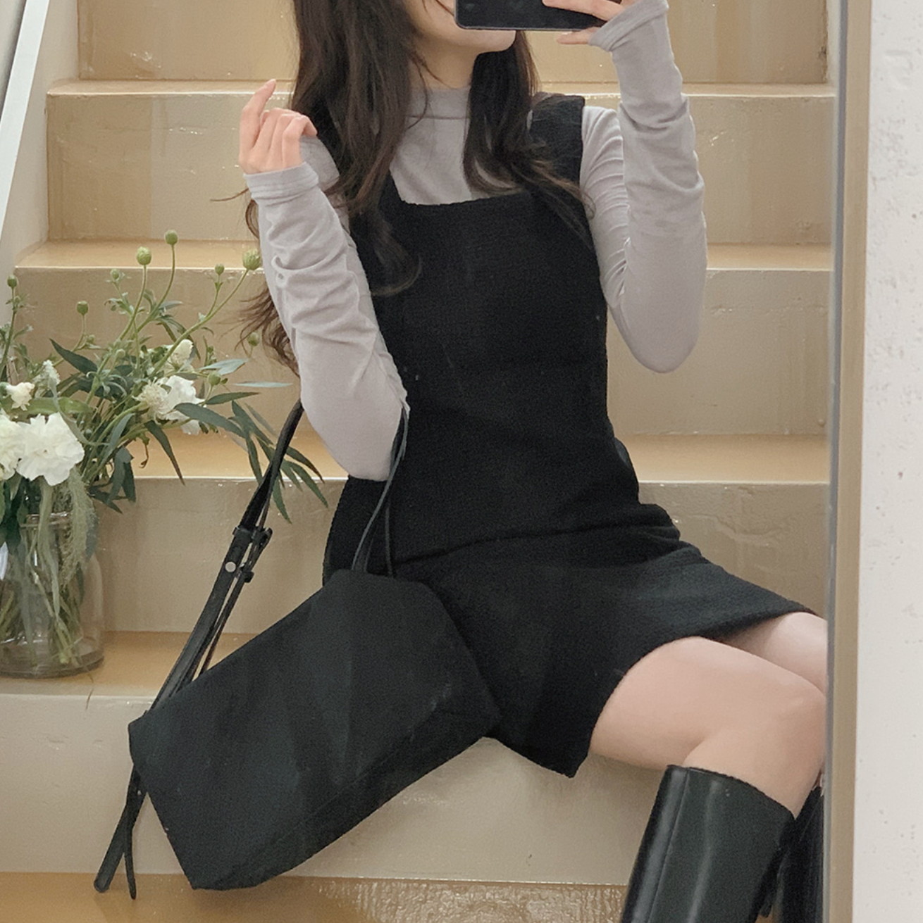 |SLOWAND| # SLOWMADE Black Tweed Square Solid Fit Dress