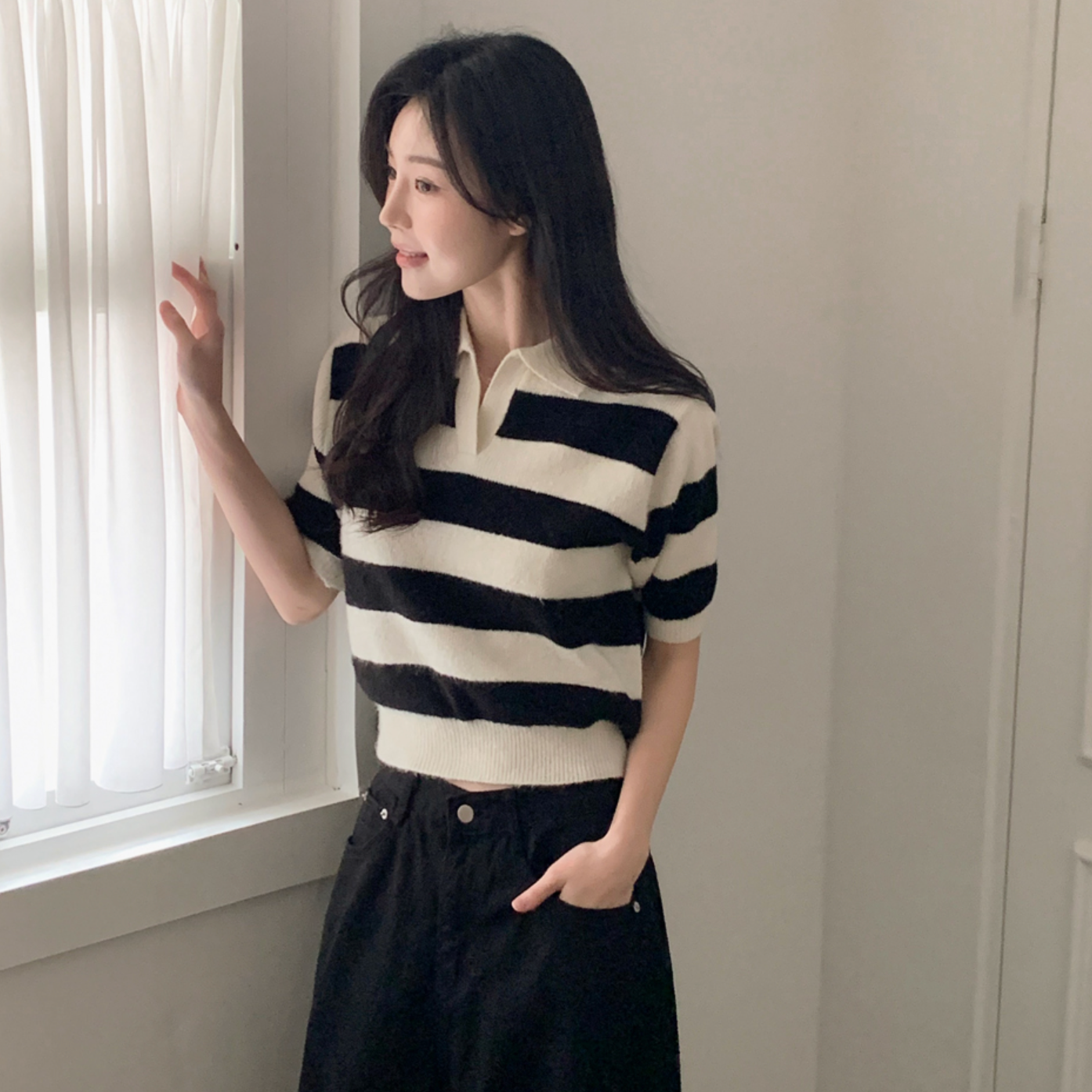 |SHOPPERLAND| Spring Stripe Fluffy Short-sleeved Collar Knitwear