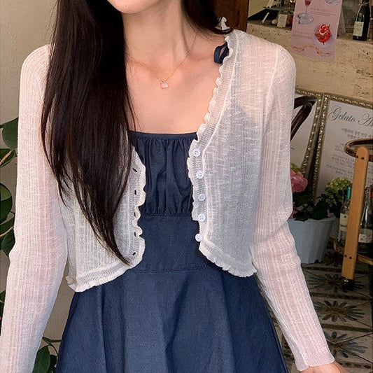 ｜SHOPPERLAND｜ Soft Ribbed See-through Frill Bolero Knit Cardigan (5 Colors)