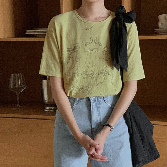 ｜FROM HEAD TO TOE｜ *Love From* Koela Ribbon Short Sleeve T-Shirt (Washed Cotton) (4 Colors)