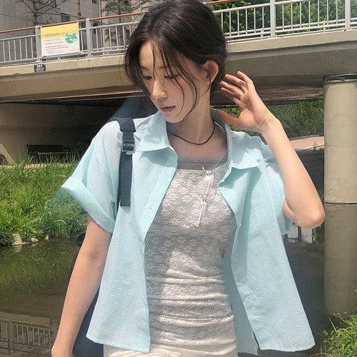 ｜FROM BEGINNING｜ ｜MADE｜ Seersucker Striped Half Shirt (2 Colors)