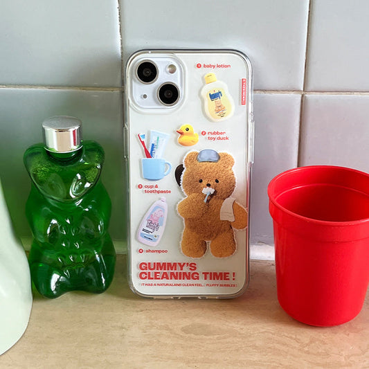 ｜THENINEMALL｜ Pattern Cleaning Time Gummy Clear Phone Case (3 types)