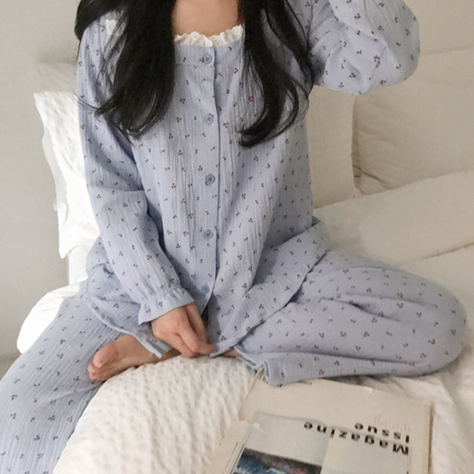 ｜Juuneedu｜ Cherry Frill Long Sleeve Pyjamas