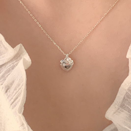 ｜aube n berry｜ 925 Silver Vintage Heart Pearl Silver Necklace