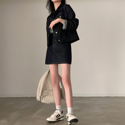 ｜CREAM CHEESE｜ Autumn Denim Long-sleeved Jacket + Skirt or Denim Pants Set-up