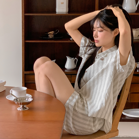｜Juuneedu｜ Olive Stripe Short Sleeve Pyjama Set