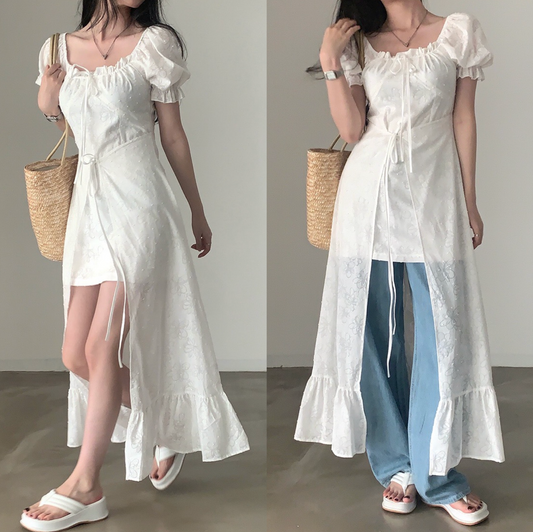 ｜CREAM CHEESE｜ Flower Unbalanced Short-sleeved Long Dress