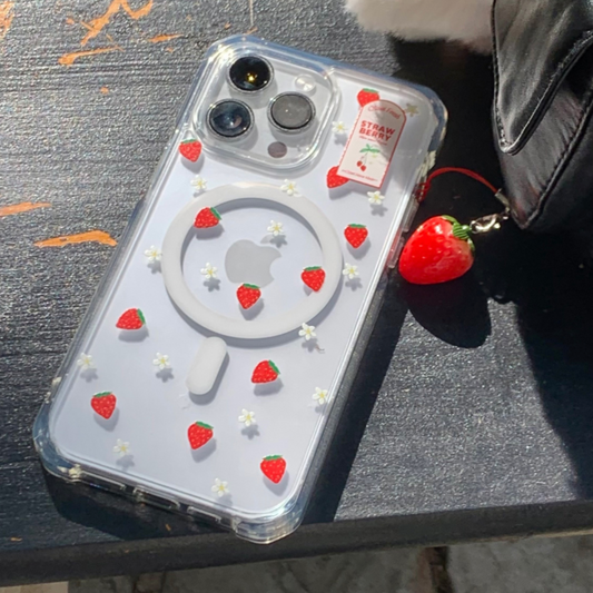 ｜OLIVET｜ Strawberry Patten Clear Phone Case (MagSafe / Jelly)