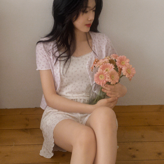 ｜Juuneedu｜ Sopty Flower Short Sleeve Pyjama Set