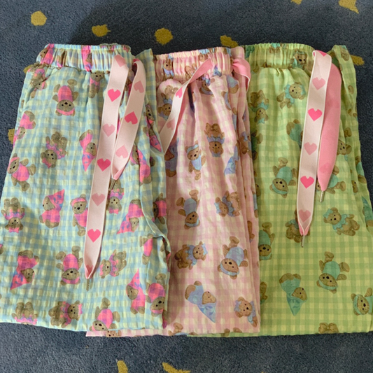 ｜little sloth｜ Heart Bear Checkered Pants