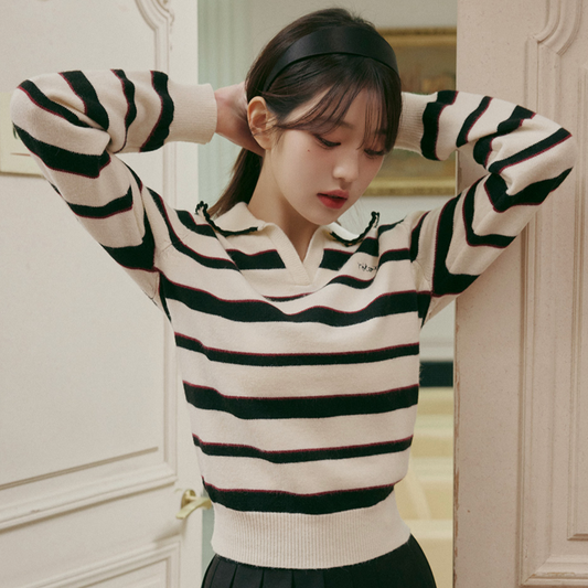 ｜rola rola｜ V NECK COLLAR STRIPE KNIT PULLOVER IVORY
