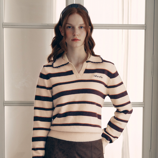 ｜rola rola｜ V NECK COLLAR STRIPE KNIT PULLOVER BEIGE