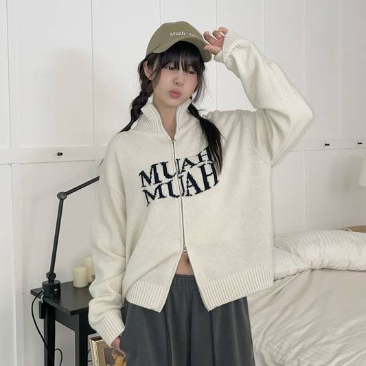 ｜muahmuah｜ Ramswool Jacquard Knitwear Zip-Up ｜Cream｜
