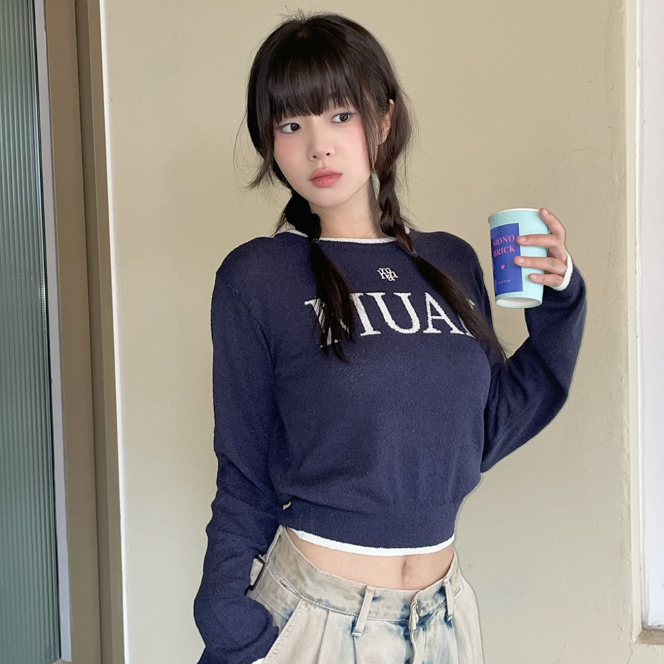 ｜muahmuah｜ Logo Bookle Round Knitwear ｜Navy｜
