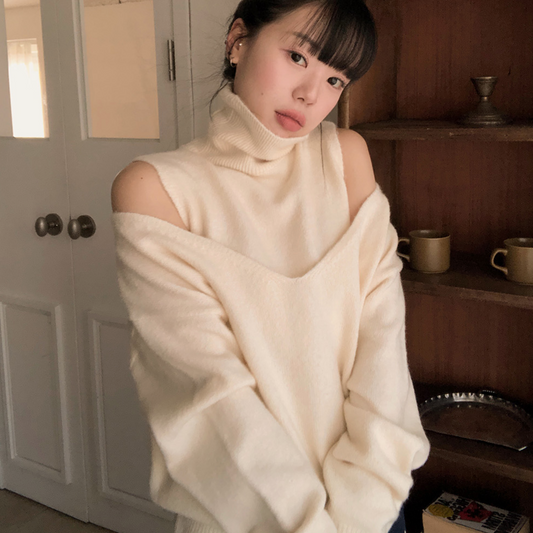 ｜VINVLE｜ Celino Off-Shoulder Knitwear + Turtleneck Knitwear SET