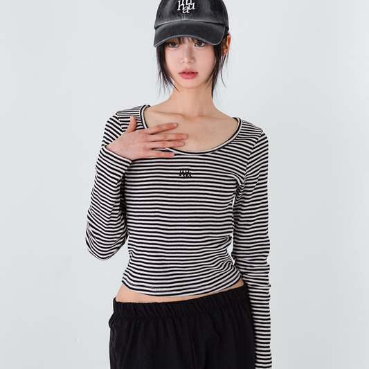 ｜muahmuah｜ Stripe U-neck Long-Sleeved T-shirt (Black)