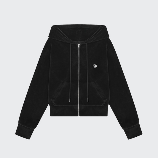 ｜muahmuah｜ Velour Training Hooded Zip-Up (Black)