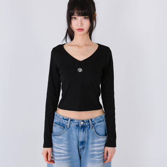 ｜muahmuah｜ Stitch V-neck Long-Sleeved T-shirt (Black)