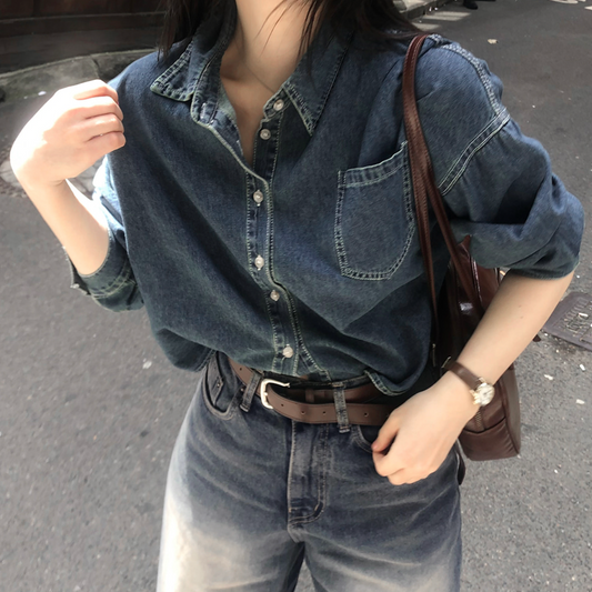 ｜SLOWAND｜ Vintage Washed Cropped Denim Shirt