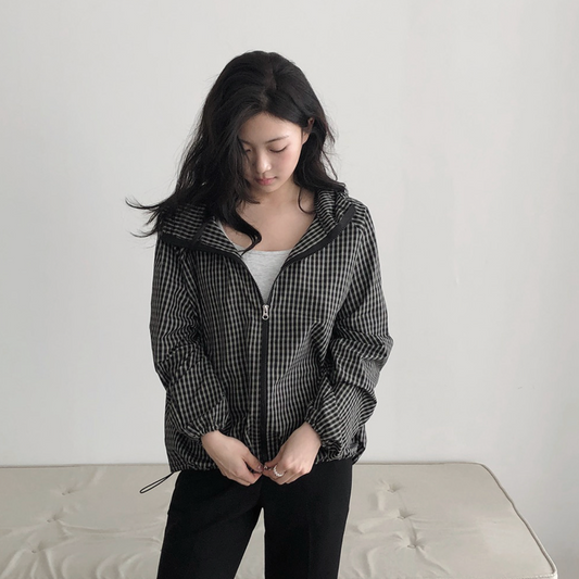 ｜SLOWAND｜ Dark Cozy Fine Checkered Hooded Jumper
