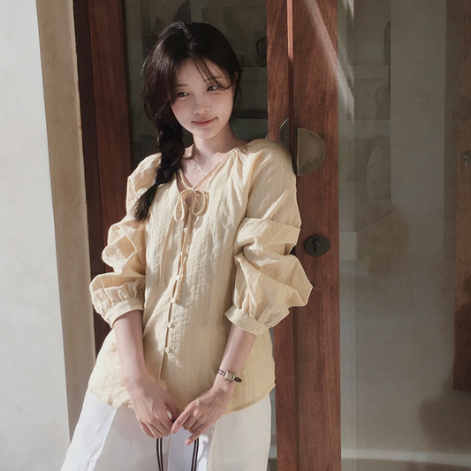 ｜SLOWAND｜ # SLOWMADE NOIR Ribbon Cotton Blouse
