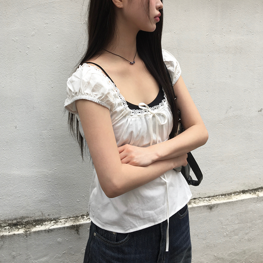 ｜anyonemore｜ Noal Lace Ribbon Puff Sleeveless Blouse