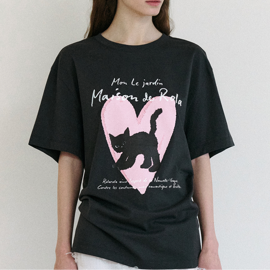 ｜rola rola｜ HEART CAT FRIENDS LOOSE FIT T-SHIRT CHARCOAL