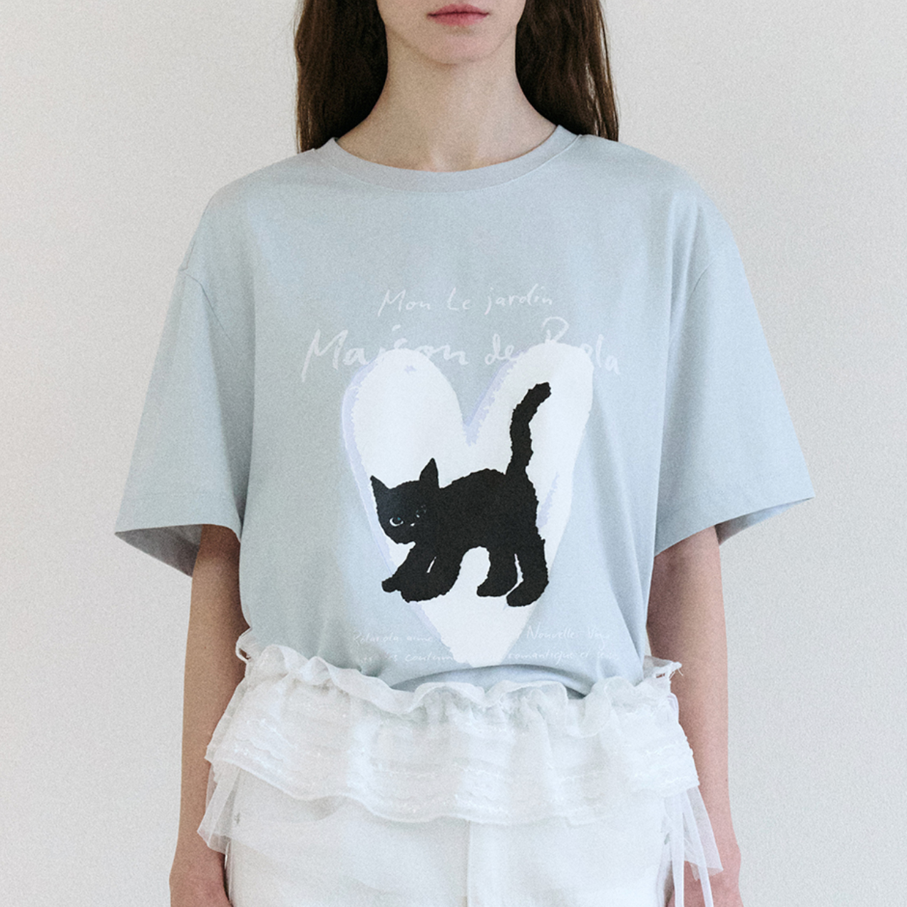 ｜rola rola｜ HEART CAT FRIENDS LOOSE FIT T-SHIRT SKY