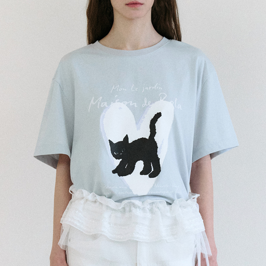 ｜rola rola｜ HEART CAT FRIENDS LOOSE FIT T-SHIRT SKY