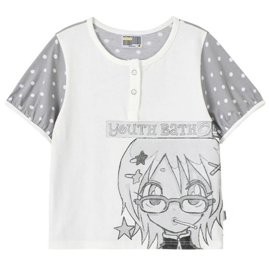 ｜YOUTHBATH｜ YB x Oliwa Dot Puff Sleeve Henley Top