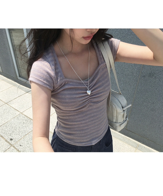 ｜anyonemore｜ Duran Amore Square Neck Shirring T-Shirt