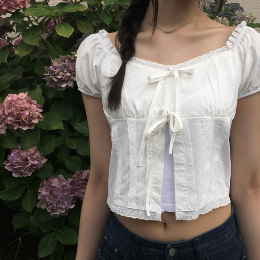 ｜anyonemore｜ Kaline Summer Ribbon Open Crop Blouse