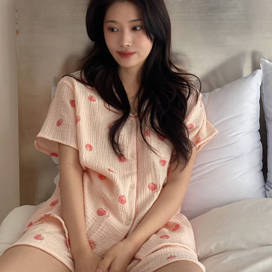 ｜Juuneedu｜ Peach Cotton Short Sleeve Pyjamas Set