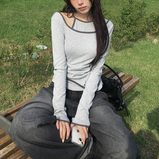 ｜anyonemore｜ Pencil Layered Unbalanced Color Line T-Shirt