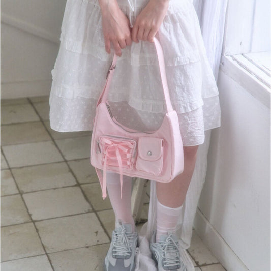 ｜COZING｜ Nylon Ribbon Hobo Bag (Pink)