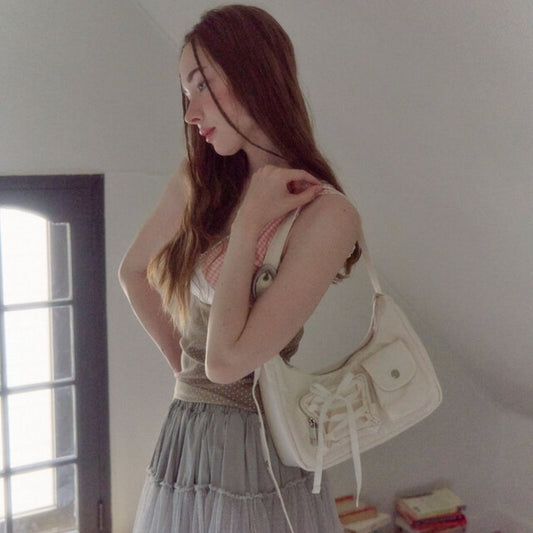 ｜COZING｜ Nylon Ribbon Hobo Bag (Ivory)