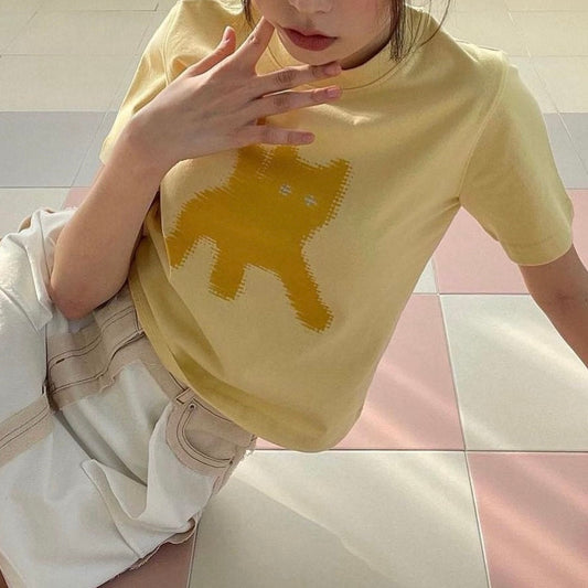 ｜aeae｜ FLASHED CATS EYE CROP T-SHIRTS ｜Yellow｜