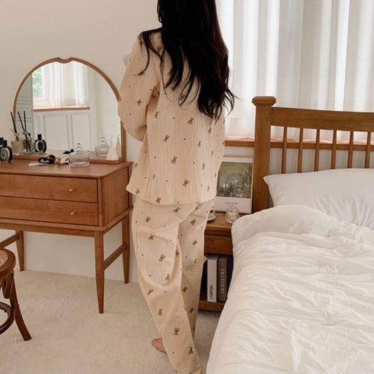 ｜Juuneedu｜ Mandy Bear Crinkle Cotton Long Sleeve Pajamas